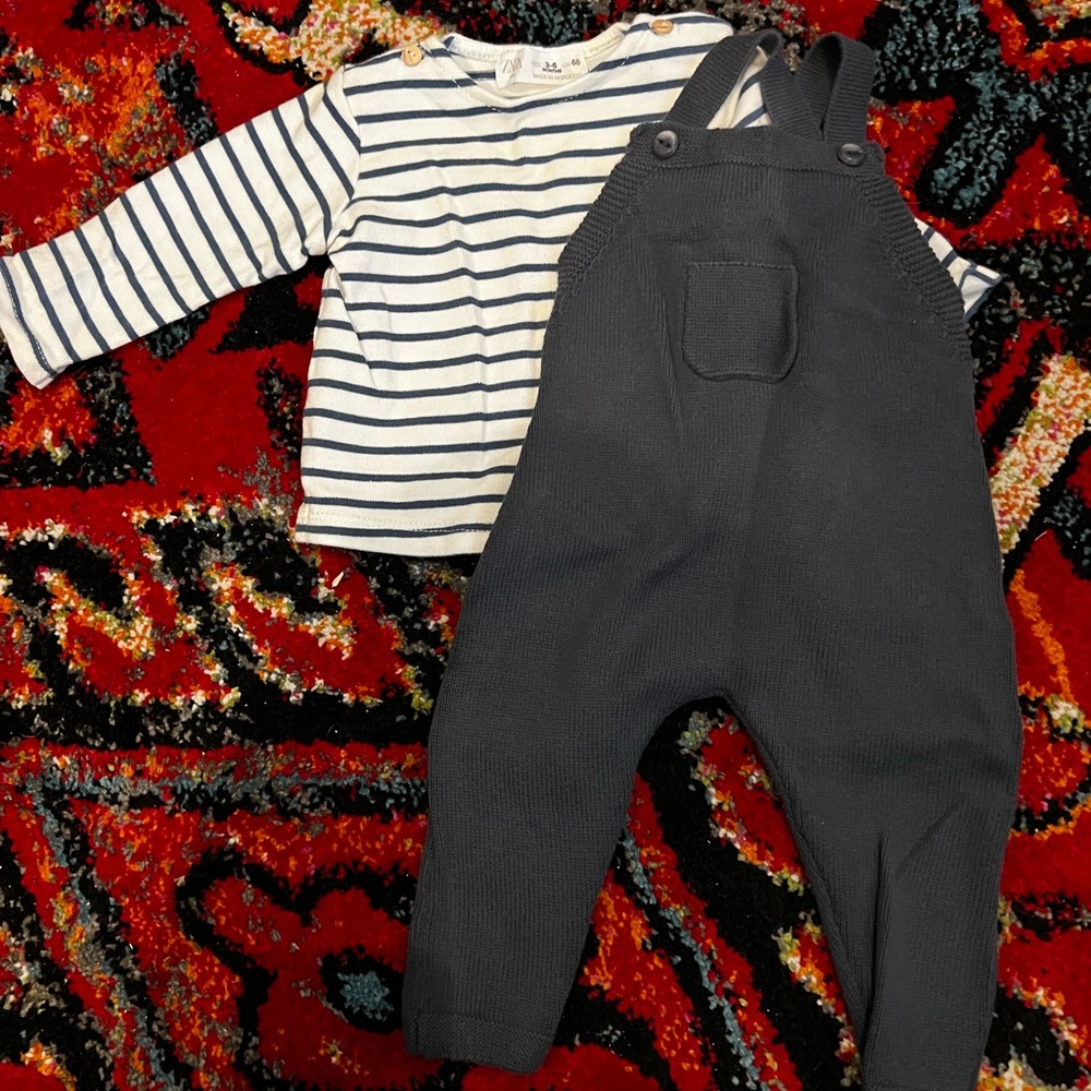 Zara Bundle- striped tee and slate blue knit coveralls.